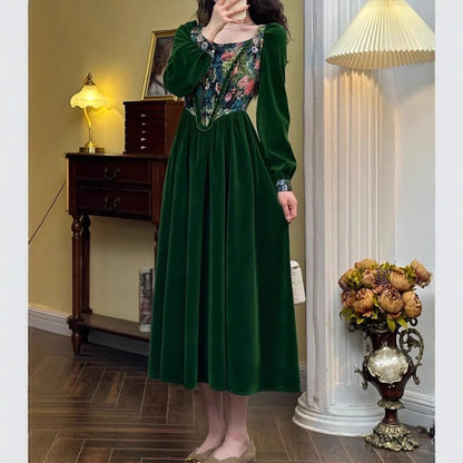 Green Rich Jacquard Dress Long Sleeve
