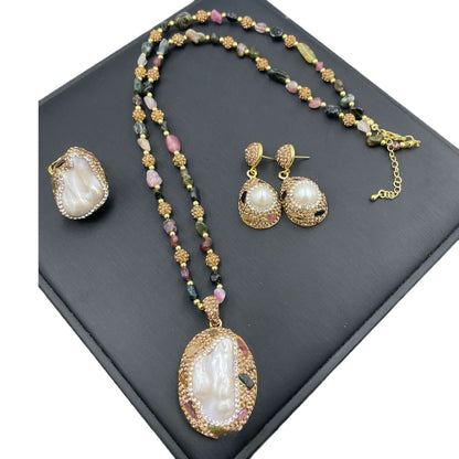 Natural Freshwater Shaped Pearl Hand-inlaid Three-piece Set