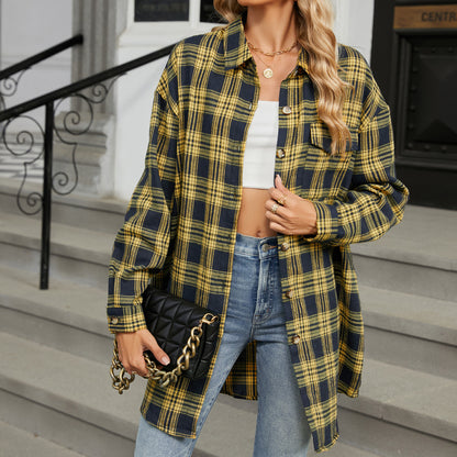 Oversize BF Style Plaid Brushed Long Sleeve Shirt