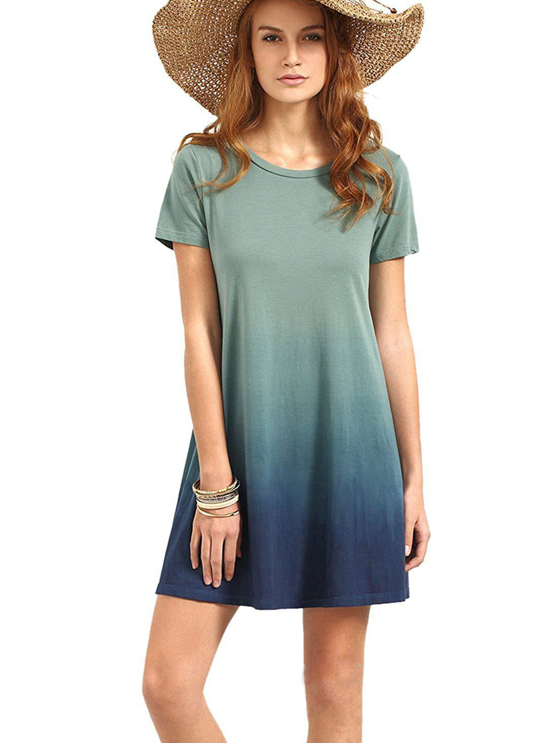 Ladies Women's Tunic Short Sleeve Tie-Dye Gradient Dress