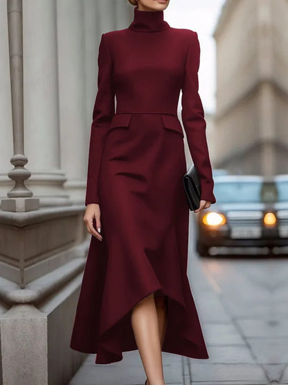 Solid Color Slim-Fit Long-Sleeve Formal Dress