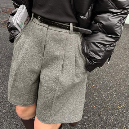 Woolen Shorts High Waist Outer Wear Fifth Pants Small Wide Leg