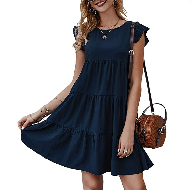 Ladies Solid Color Round Neck Short Sleeve Casual Dress