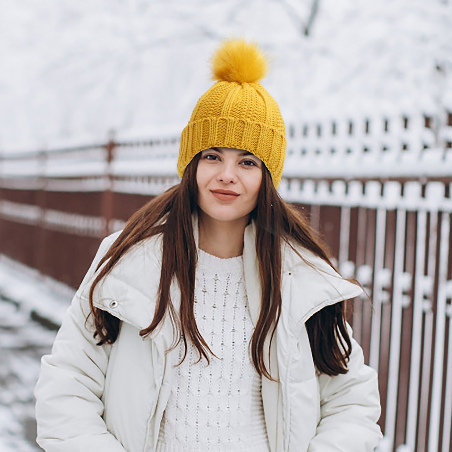 Faux Fur Pom-Pom Beanie Hat | Women's Fleece-Lined Stretchy Knit Winter Skull Cap