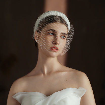 French Hepburn Style Bridal Veil White Vintage Beaded Large Meshed Net Mesh Headband