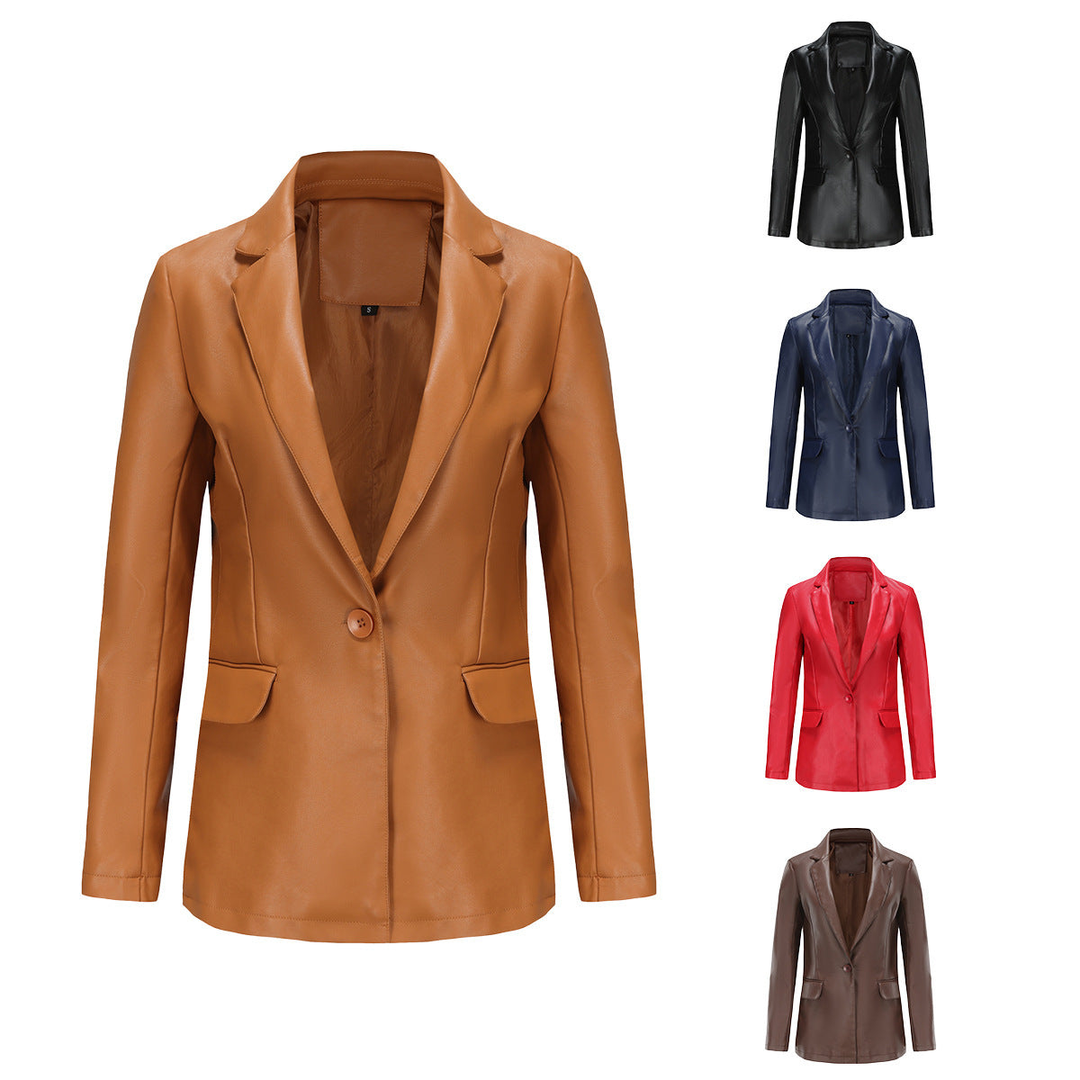 Single Button Commute Leisure Solid Color Leather Coat