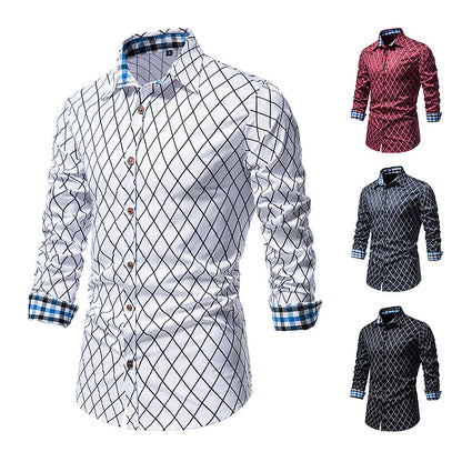 Diamond Check Contrast Color Long Sleeve Fashion Shirt