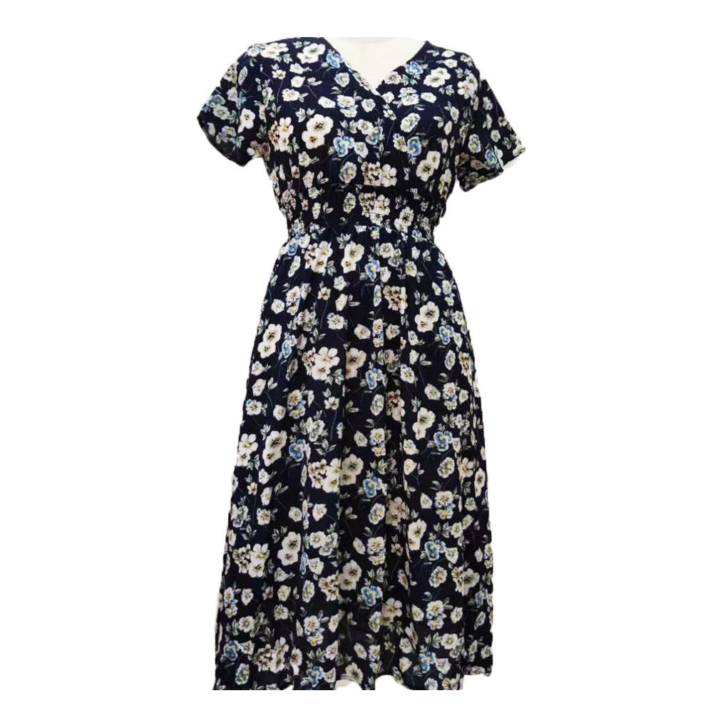 Ladies Printed V-Neck Short Sleeve Dress