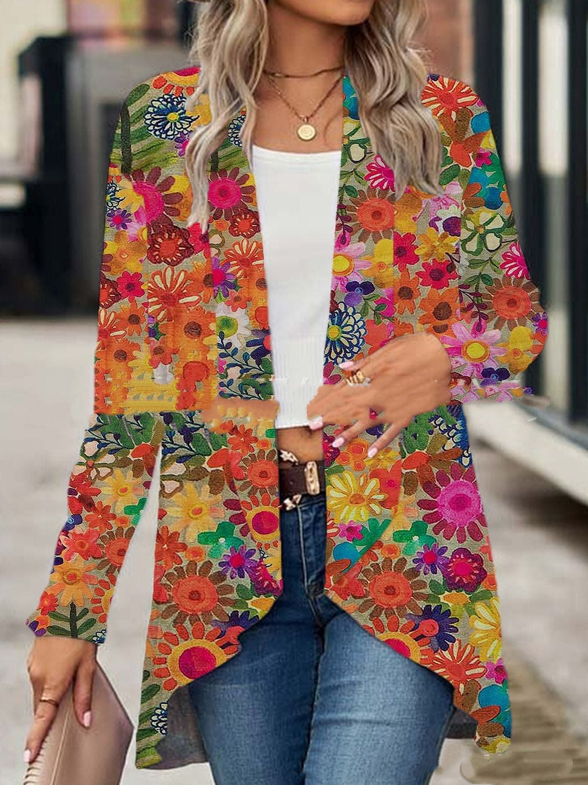 Women's Digital Printed Cardigan Long Sleeve Suit Coat
