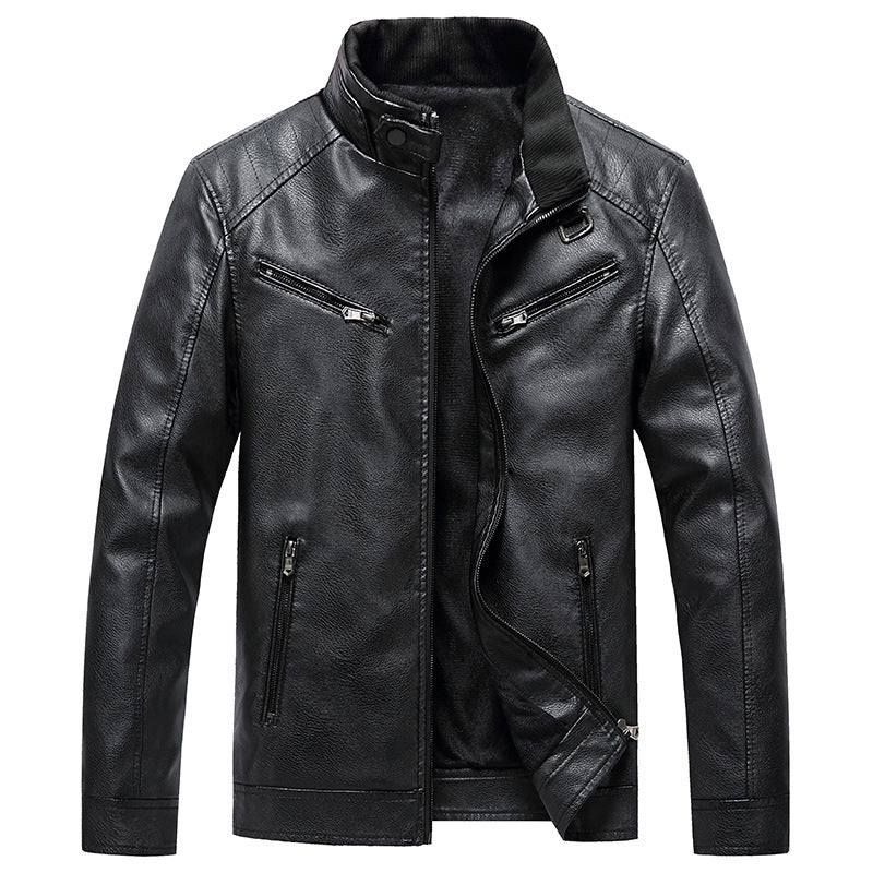 Mens Fleece Padded Coat Casual Korean-Style Stand Collar PU Leather Trendy Youth