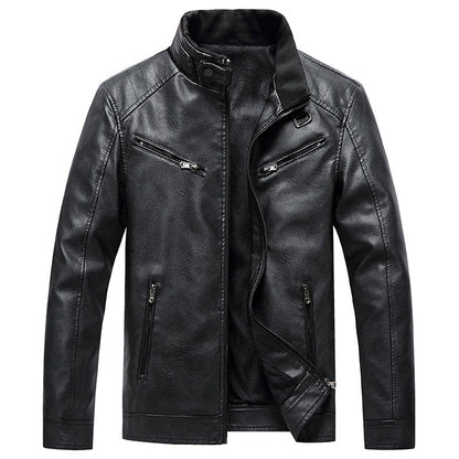 Mens Fleece Padded Coat Casual Korean-Style Stand Collar PU Leather Trendy Youth