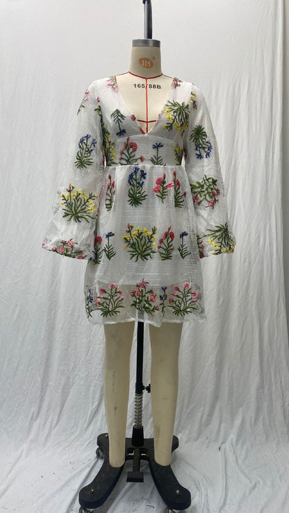 Women's Mesh Embroidery Design Lantern Sleeve Fairy Dress