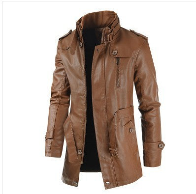 Mens Mid-Length Leather Coat Stand Collar Fleece-Lined Thickened Extended Warmth