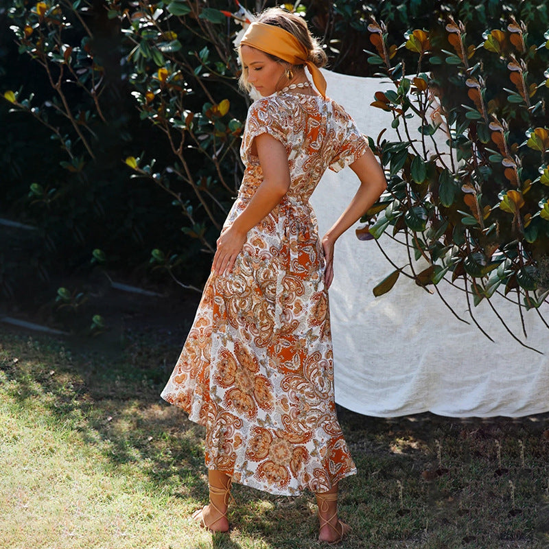 Ladies V-Neck Short Sleeve Patchwork Irregular Dress