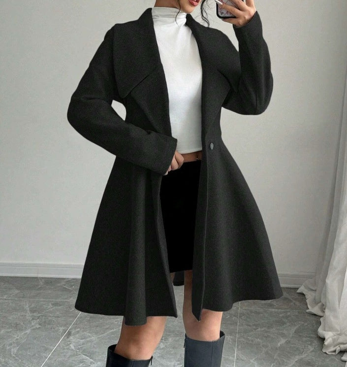 Wool Coat With A Cinched Waist Dress Design, Elegant Long Sleeves