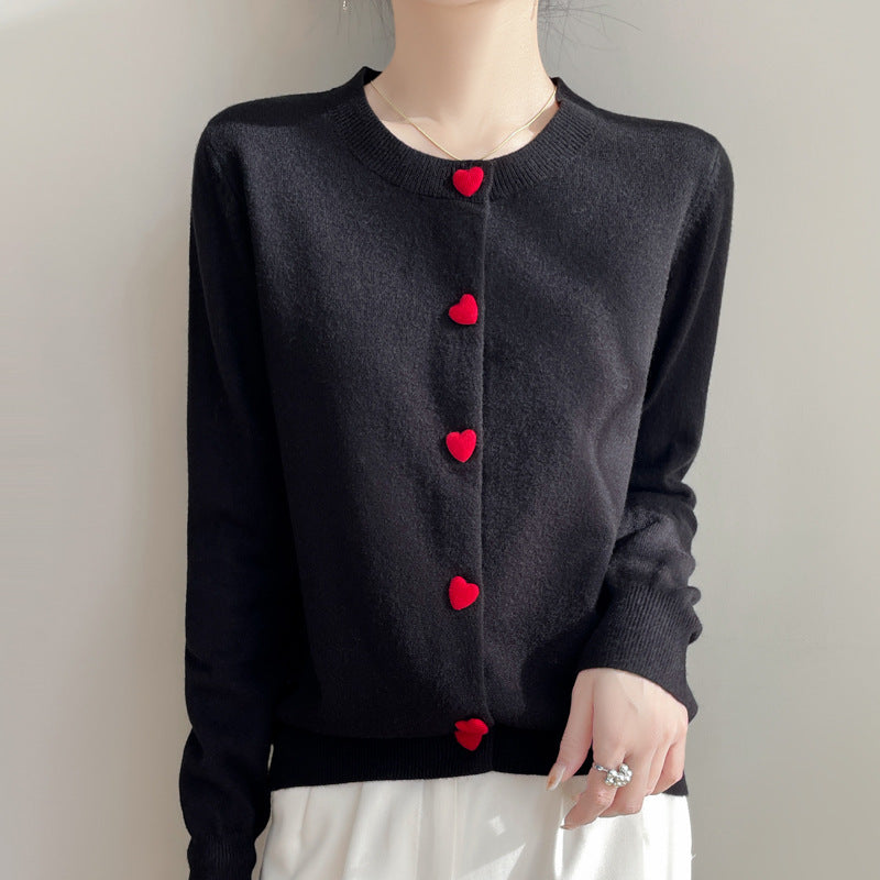 Round Neck Cardigan Red Heart Buckle Sweater For Women