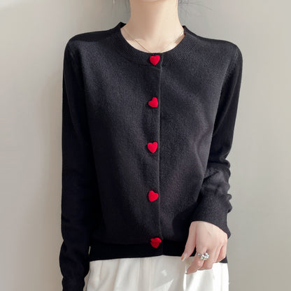 Round Neck Cardigan Red Heart Buckle Sweater For Women