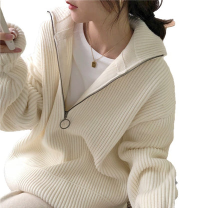 Loose French Style Large Lapel Zipper Sweater For Women