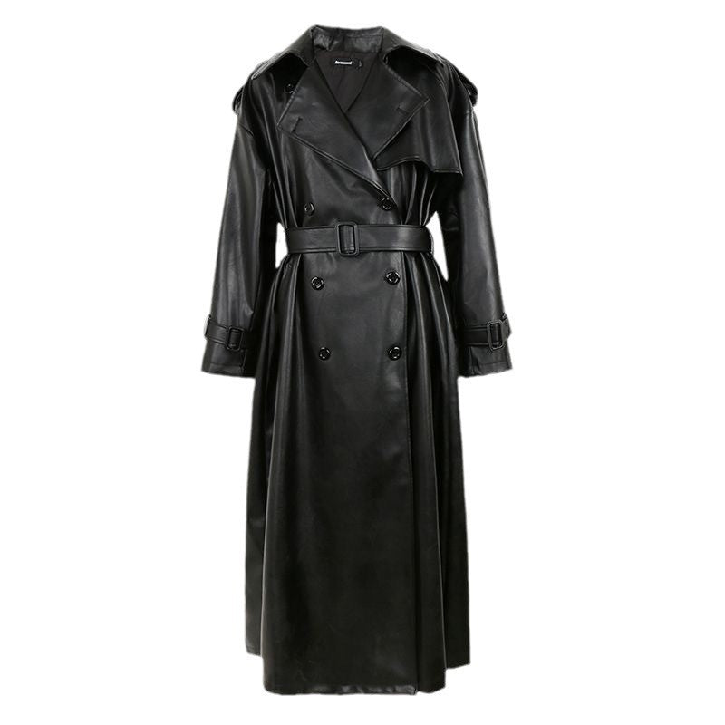 Black Windbreaker High-grade Long Tall PU Leather Jacket Overcoat