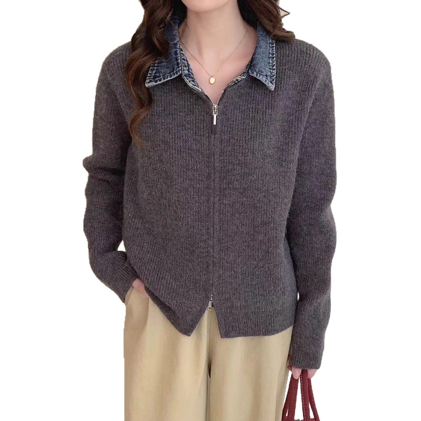 False Two-piece High Quality Denim Patchwork Knitted Sweater