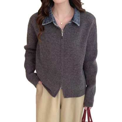 False Two-piece High Quality Denim Patchwork Knitted Sweater