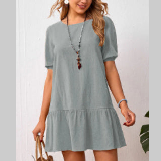 Short Sleeve Cotton Linen Ladies Dress