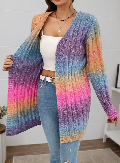 Gradient Color Twist Knitted Cardigan Coat For Women