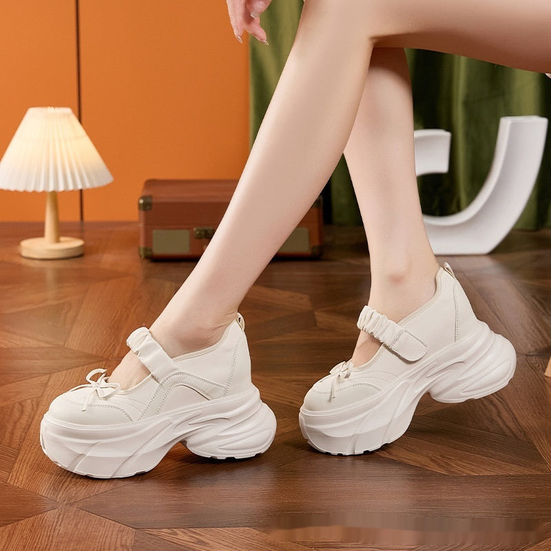 Mary Jane White Silver Sweet Bow Height Increasing Insole Women's Shoes