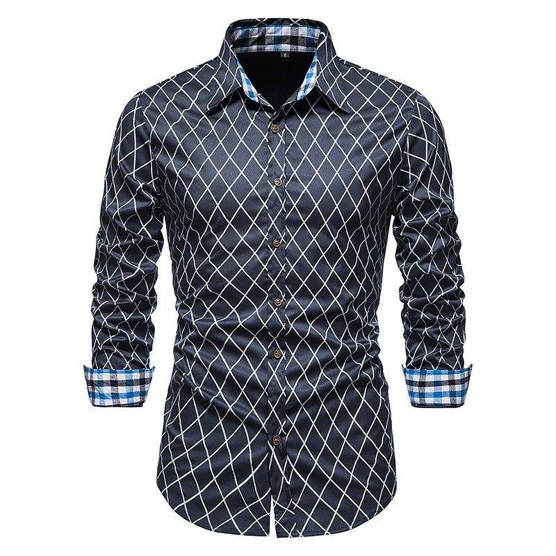 Diamond Check Contrast Color Long Sleeve Fashion Shirt