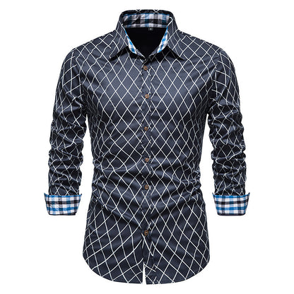 Diamond Check Contrast Color Long Sleeve Fashion Shirt