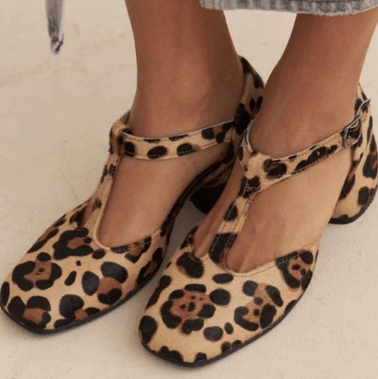 Leather Women's Season Thick High Heel Suede Leopard Buckle Sandals
