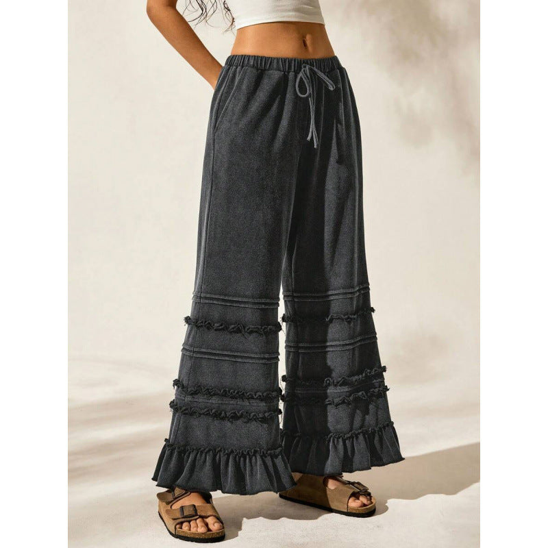 Summer Casual Vacation Style Black Worn Looking Washed-out Loose Flared Pants
