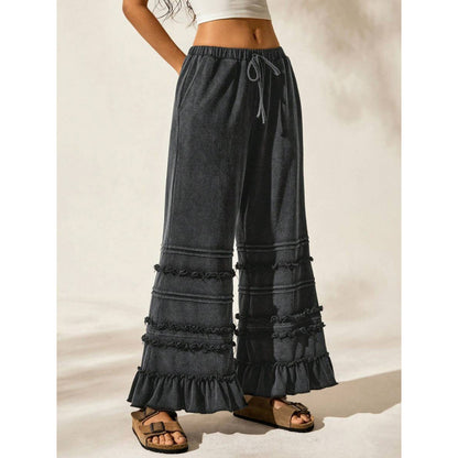 Summer Casual Vacation Style Black Worn Looking Washed-out Loose Flared Pants