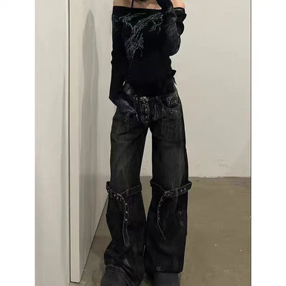 Retro Jeans Lace-up Deconstructed Wide-leg Pants Loose Trousers