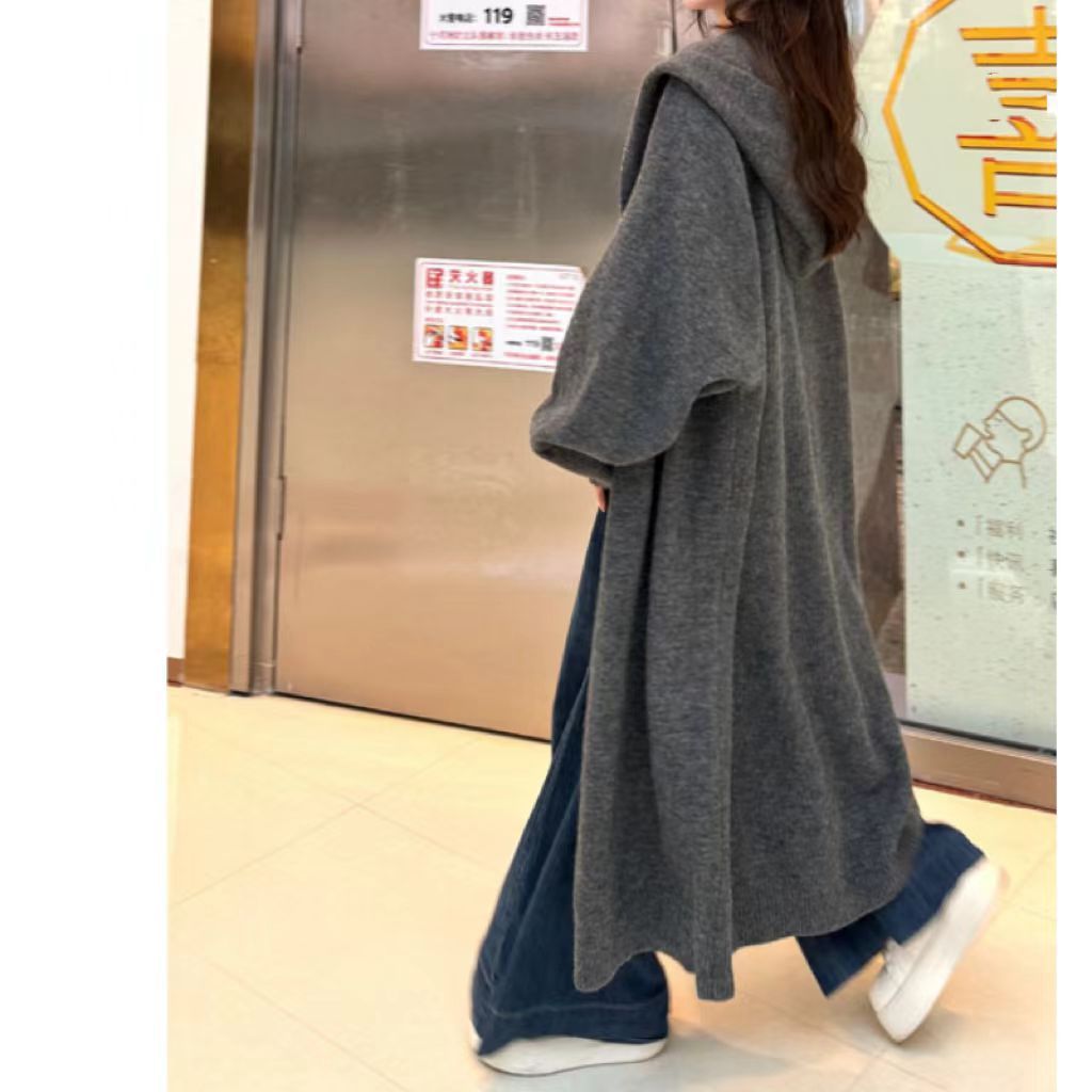 Korean Style Idle Style Hooded Long Below The Knee Knitted Cardigan For Women