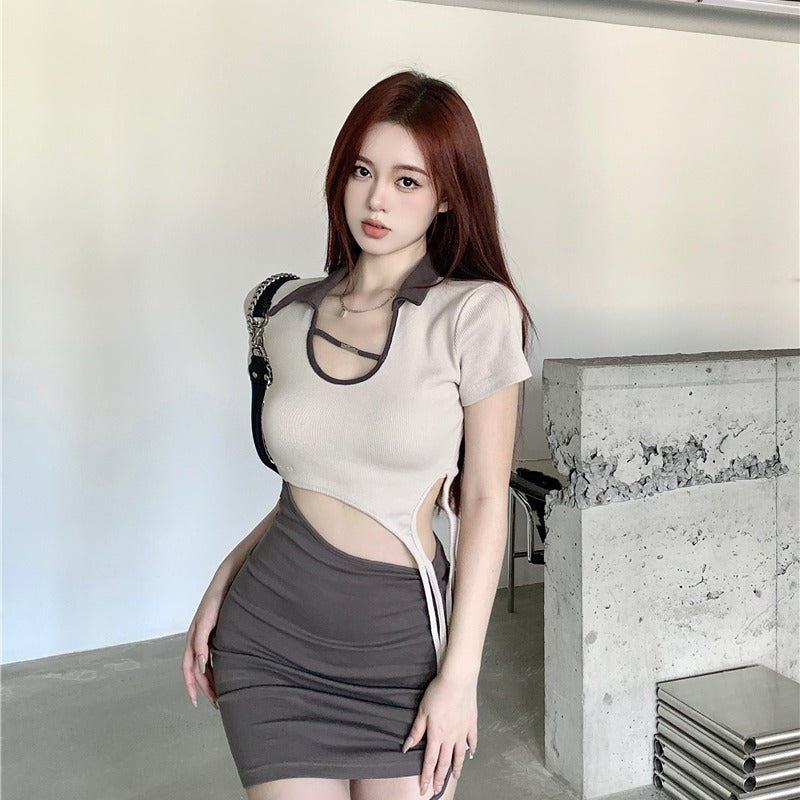 Ladies Short Sleeve Irregular Tie Cutout Dress