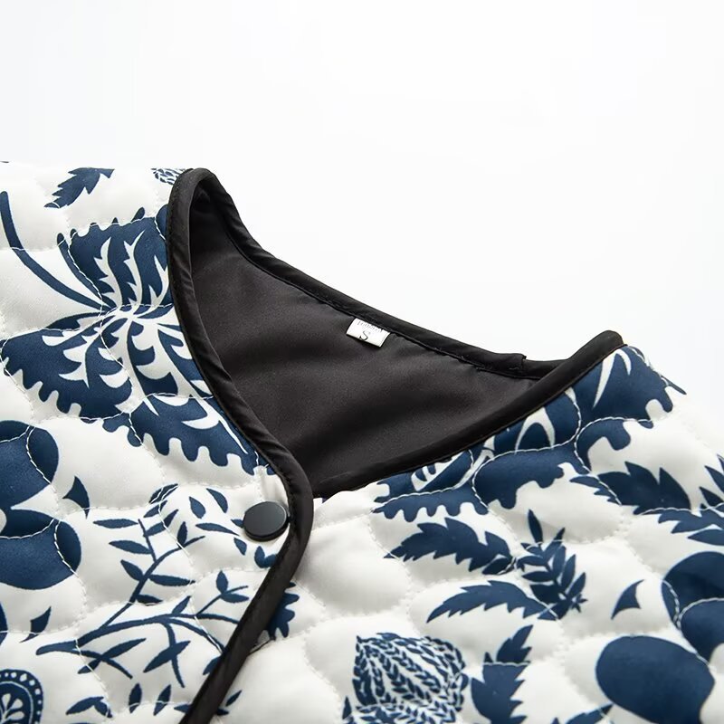 Printed Round Neck Cotton-padded Jacket Long Sleeve Short Jacket