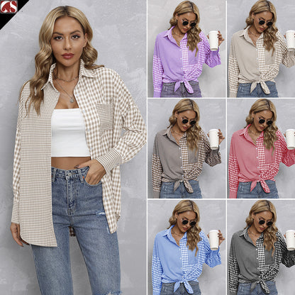 Lapel Plaid Colorblock Loose Casual Shirt