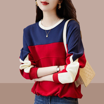 Stitching Contrast Color Round Neck Fashionable Sweater Loose