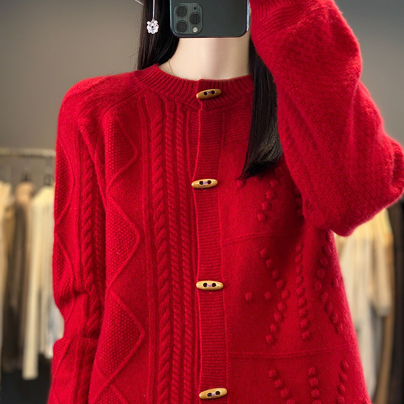 Pure Wool Cardigan Women Loose Crew Neck Coat