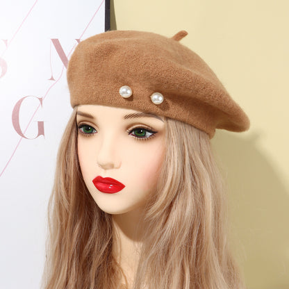 Woolen Large Pearl Decoration Beret Women's Fall Winter Fashion