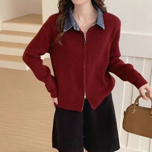 False Two-piece High Quality Denim Patchwork Knitted Sweater