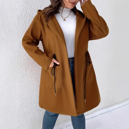 Solid Color Drawstring Pocket Elegant Coat