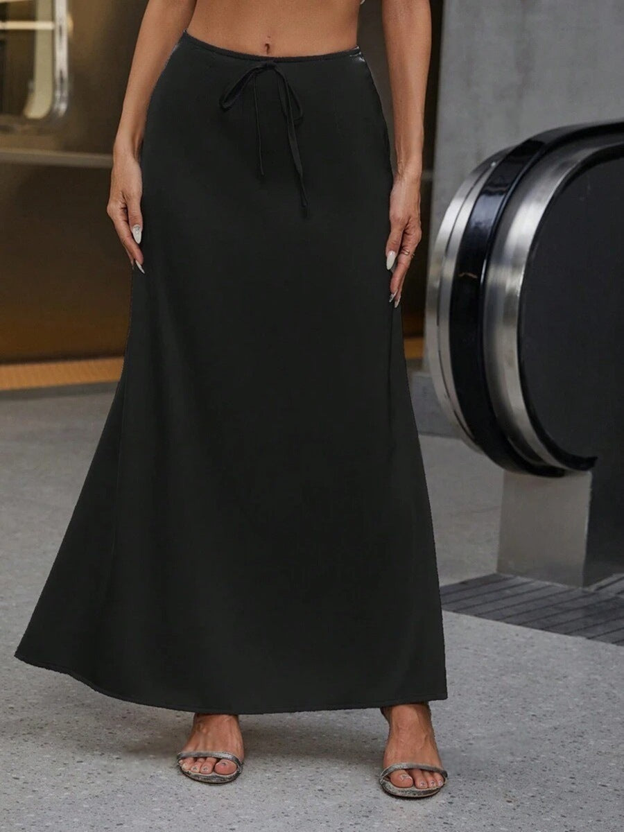 Satin Midi Skirt Elegant Lace-up Long Dress