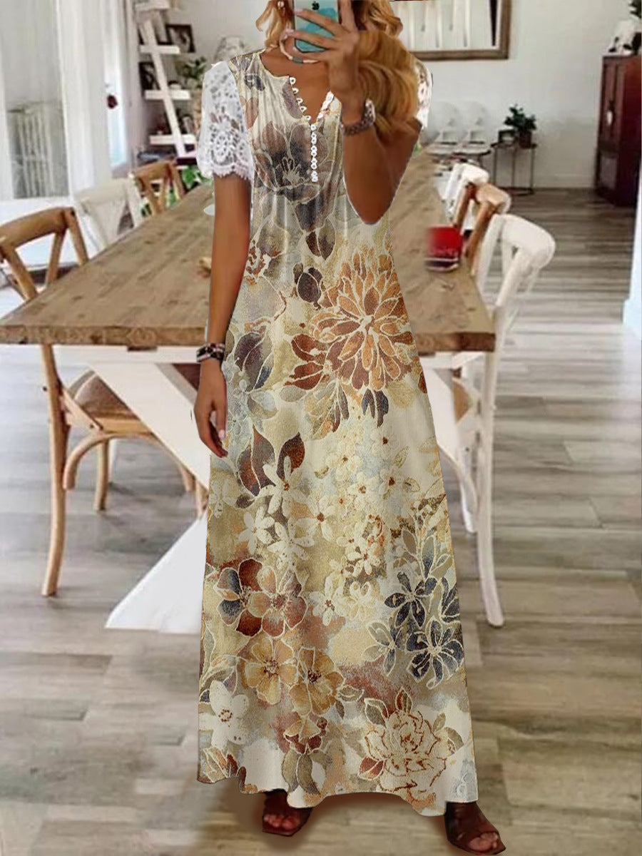 Printed Lace Sleeve Short Sleeve Dress