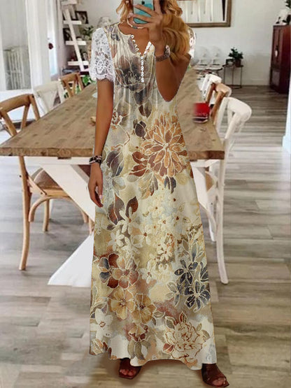 Printed Lace Sleeve Short Sleeve Dress