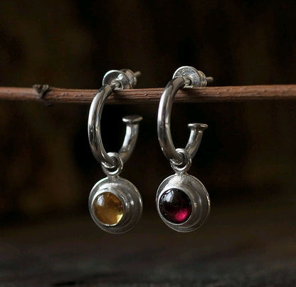 Simple Round Colorful Beads Circle Ancient Silver Earrings