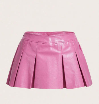 New Bottoms Solid Color PU Leather Pleated Skirt