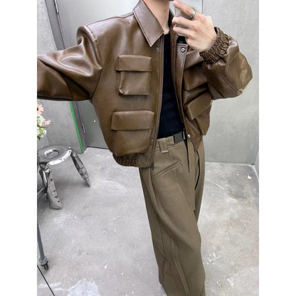 Trendy Korean Style Cutting Design Leisure Leather Jacket Top Precision Fashion