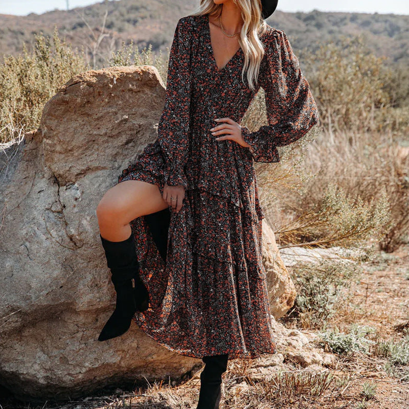 Printed V-neck Casual Loose Long Dress
